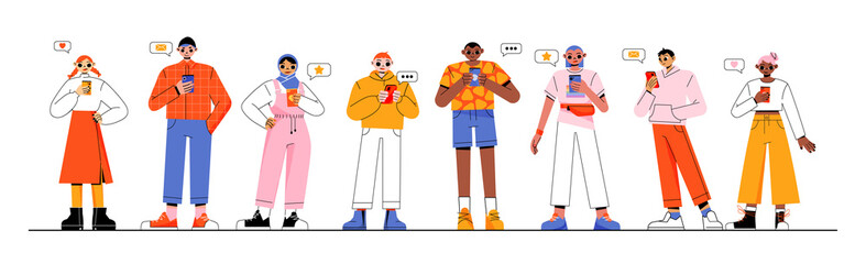 People talk by smartphones, characters communicate and browsing social networks with speech bubbles. Men and women stand in row using gadgets, chat in internet by mobiles, Linear vector illustration