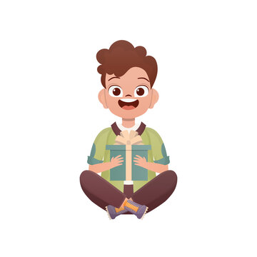 A small boy child is depicted in the lotus position and holding a box with a bow in his hands. Birthday, New Year or holidays theme. Isolated. Cartoon style.