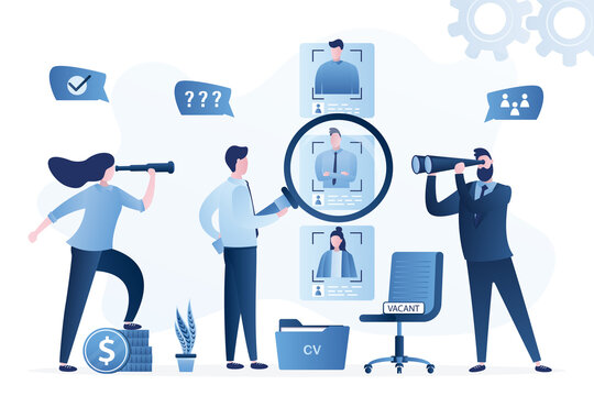 Recruitment process concept. Business people select staff and talk. Resume of candidates with avatars. HR agency, recruitment specialists looking new staff. People hiring.