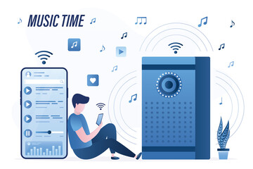 Young adult listening music. Wireless connection of smartphone and stereo system. Internet online technology. Access for online playing music and audio files. Acoustic system. Music time.