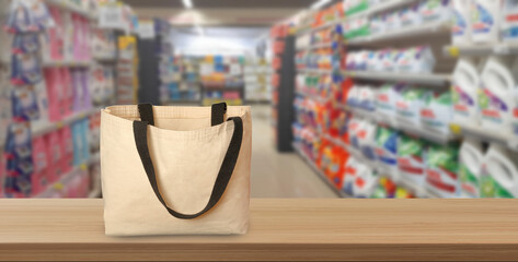 empty shopping bag in front of supermarket background