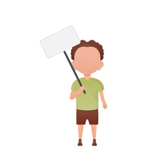A cute little boy with a blank sign. Isolated. Cartoon style. Vector illustration.