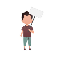 A cute little boy with a blank sign. Isolated on white background. Vector illustration in cartoon style.