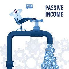 Passive income to reach financial freedom. Earning money, wealth increase without salary concept. Relax businessman sit on chair and see on money flow. Big tap with valve.