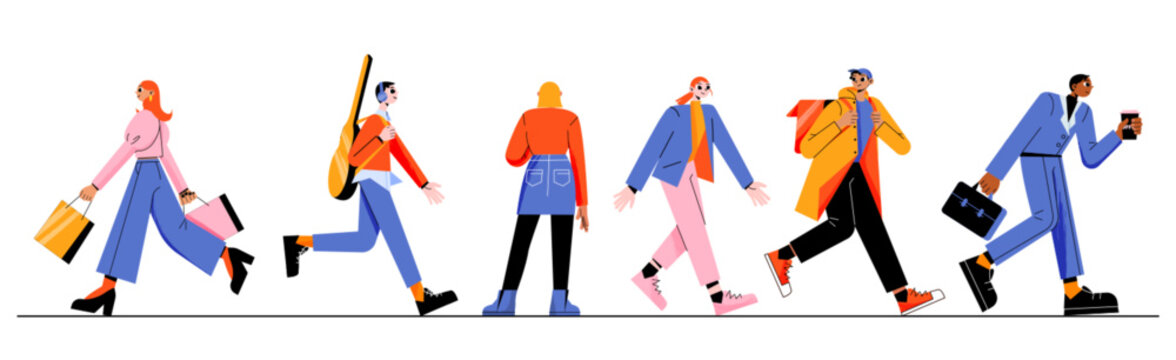 Diverse passerby people walk, courier deliver order, businessman with coffee cup, schoolgirl or student, teenager in headset with guitar woman with shopping bags, Line art flat vector illustration