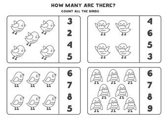 Counting game with cute black and white birds. Educational worksheet.