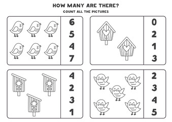 Counting game with cute black and white birds. Educational worksheet.