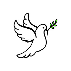 Dove of peace doodle set. White pigeon with peace branch. Vector illustration