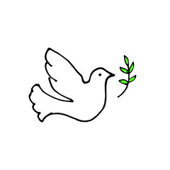 Dove of peace doodle set. White pigeon with peace branch. Vector illustration