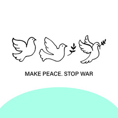 Doves of peace doodle set. Make peace. Stop war. Vector illustration