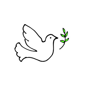 Dove of peace doodle set. White pigeon with peace branch. Vector illustration