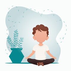 A cute preschool boy is meditating in the room. Healthy life concept. Vector illustration in cartoon style.