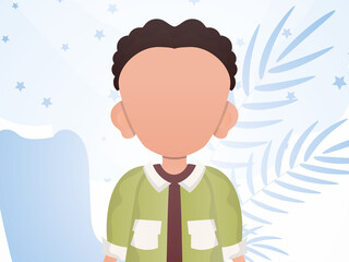 Portrait of a cute little baby boy. Poster with a child in the room. Vector illustration in cartoon style.