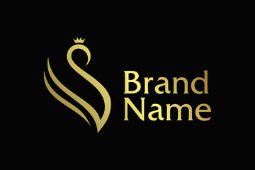 Template of golden crowned swan with initials letter V for logo