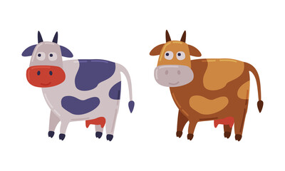 Spotted cows farm animal set. Dairy cattle husbandry breeding cartoon vector illustration