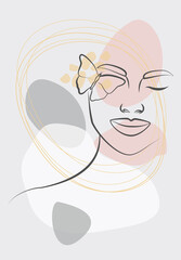 Drawing in the style of one line. A woman's face with a composition in the form of a butterfly. Hand-drawn vector linear art illustration.
