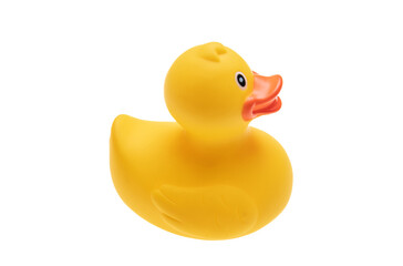 Yellow plastic duck isolated cutout on white background. Baby bath fun toy. Overhead view.