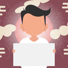 A cute little boy is holding an empty transport bag. Place for your logo, text or design. Cartoon style. Vector illustration.