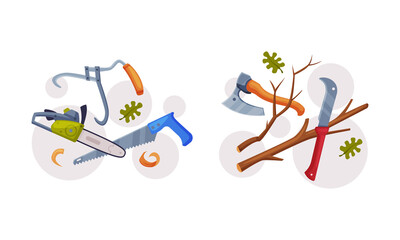 Obraz premium Woodworker and lumberjack tools set. Axe, chainsaw and handsaw, equipment for wood processing cartoon vector illustration