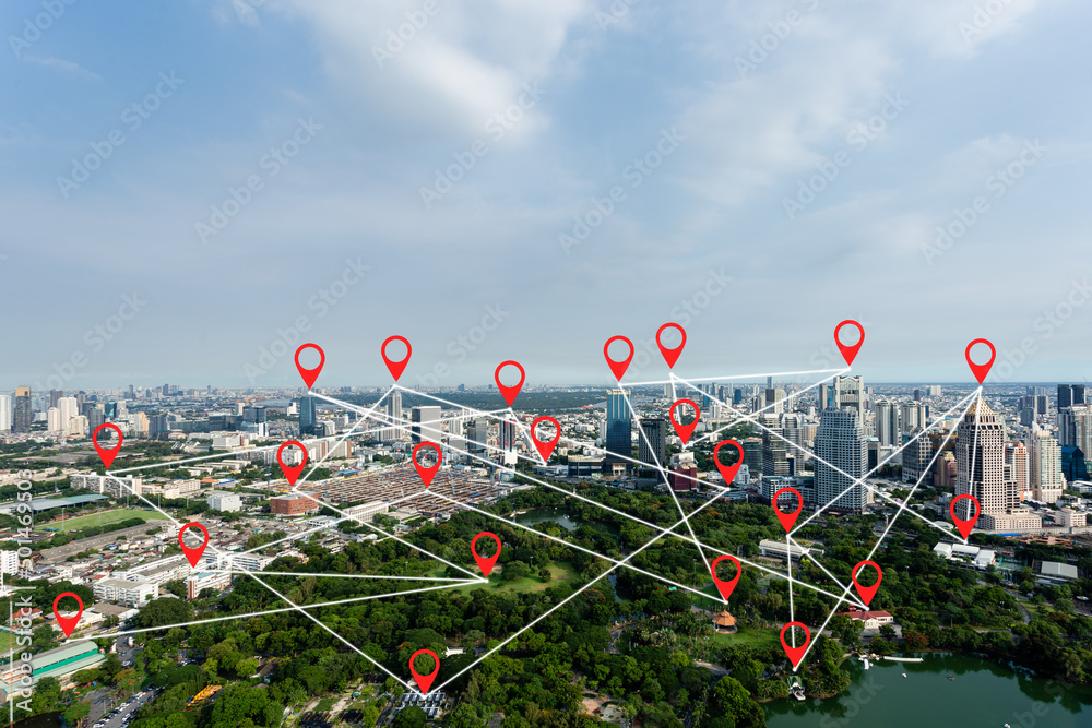 Wall mural Connection network map pin navigation cityscape. search location destination network. icon navigation.