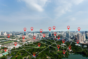 Connection network map pin navigation cityscape. search location destination network. icon...