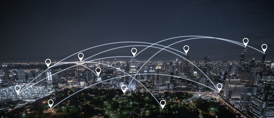 Connection network map pin navigation at night cityscape. search location destination network. icon...