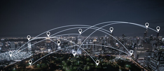 Connection network map pin navigation at night cityscape. search location destination network. icon navigation.