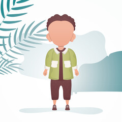 A cute little boy is depicted in full growth. Poster with a child. Cartoon style. Vector illustration.