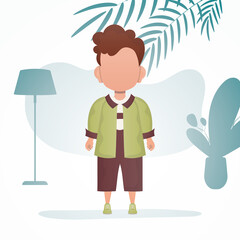 A cute little boy is depicted in full growth. Poster with a child. Vector illustration in cartoon style.