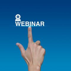 Hand pressing webinar flat icon over light blue background, Business seminar online concept