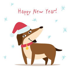 Satisfied dachshund is standing in a Christmas hat. Snowflakes around. Happy New Year lettering. Drawn in cartoon style. Vector illustration for designs, prints, patterns. Isolated on white background