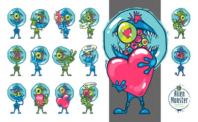 A set of stickers or prints for a T-shirt with a cute alien monster drawn by hand