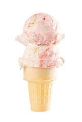 Double Scoop of Strawberry Cheesecake Ice Cream in a Sugar Cone on a White Background