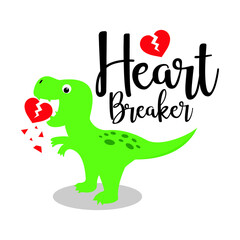 Vector cute green dinosaur crushing heart with heart breaker text