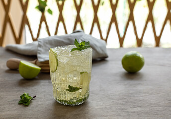 Naturally fermented, probiotic lime lemonade soda. Summer drink with ice and mint. Also mojito mocktail or cocktail.