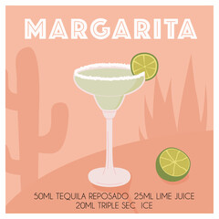 Retro minimal poster of Margarita cocktail recipe with salt and lime. Tropical mexican agave plant and cactus shadow on the background. Classic alcoholic beverage. Vintage print. Vector illustration. - obrazy, fototapety, plakaty