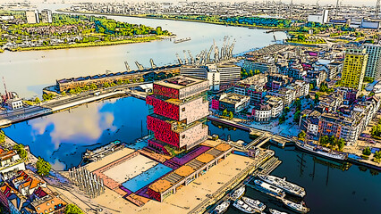 Antwerp, Belgium. Industrial area of the city from above. Museum. Bright cartoon style illustration. Aerial view
