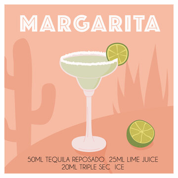 Retro minimal poster of Margarita cocktail recipe with salt and lime. Tropical mexican agave plant and cactus shadow on the background. Classic alcoholic beverage. Vintage print. Vector illustration.