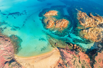 Landscape with aerial view of Cala Pregonda beach, Menorca island, Spain