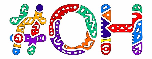 OH Hashtag. Multicolored bright isolate curves doodle letters. Hashtag #OH is abbreviation for the US American state Ohio for social network, web resources, mobile apps.