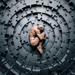 Mental health puzzle concept - 3D illustration of sad male figure in foetal position lying on circular metal jigsaw