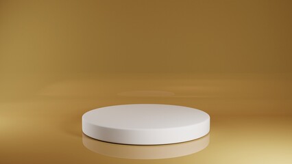 Round platform on the surface. The platform is smooth and white. Background reflective and gold color