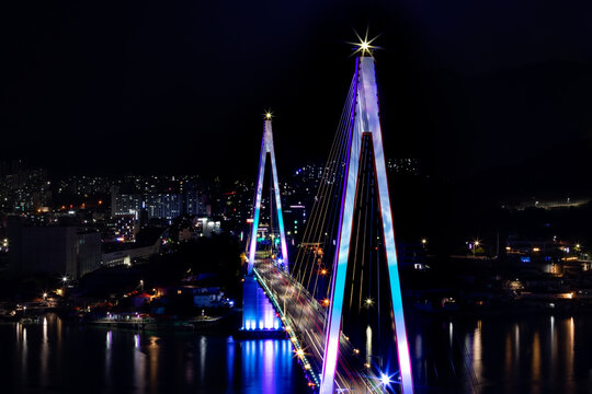night view of night sea bridge. Dolsan Bridge