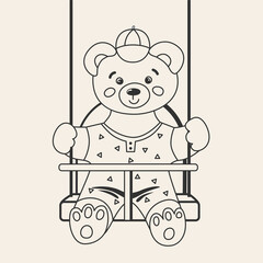 Cute bear is swinging on a swing, coloring page