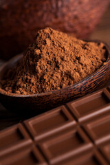 Cocoa pod and chocolate bar and food dessert background