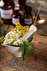 Herbs, berries and flowers with mortar, on wooden table background