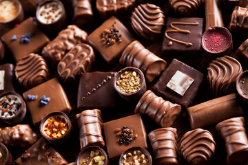 Chocolate bars and pralines on wooden background