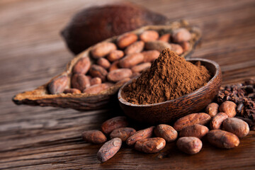 Cocoa beans in the dry cocoa pod fruit on wooden background
