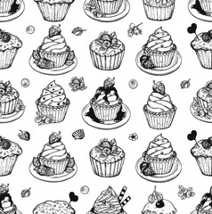 wrapping paper for cupcakes vector drawing. paper cupcake gift wrapper vector. cupcakes with berries seamless pattern vector doodles. cupcakes seamless pattern on white background vector sketch.