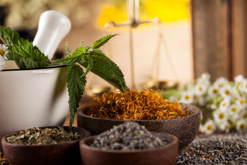 Herbs, berries and flowers with mortar, on wooden table background